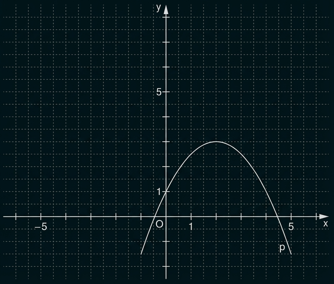 Gestricheltes Koordinatensystem mit x- und y-Achse und einer nach unten geöffneten Parabel, beschriftet mit O und p.